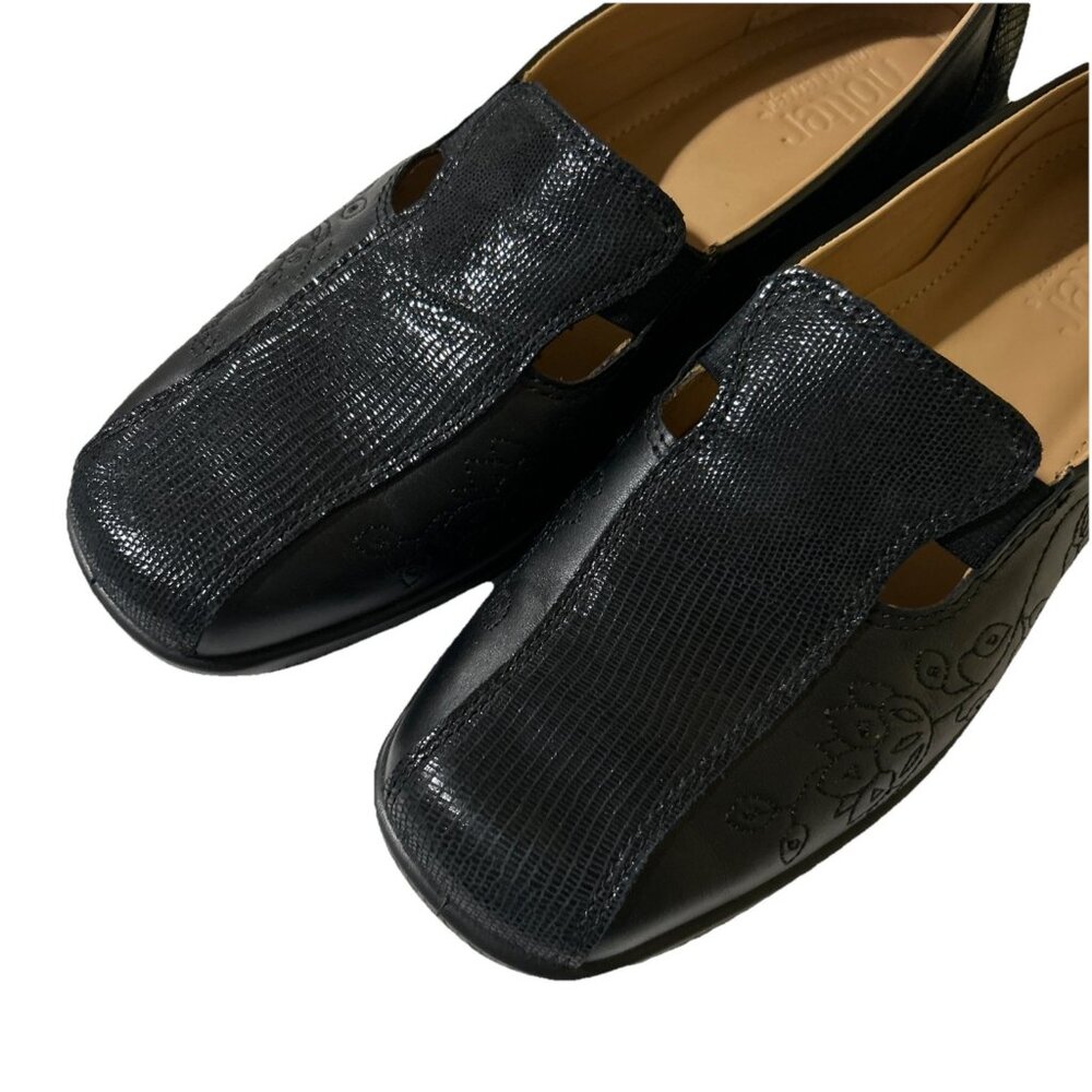 Hotter Slip On Shoes Flats Calypso Size 8.5 Black Leather Comfort Floral New - Picture 3 of 8